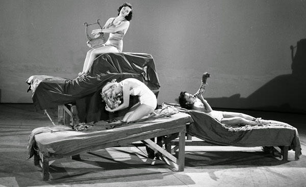 Margaret Kerry with the harp, Connie Hilton and June Foray with a shell horn.